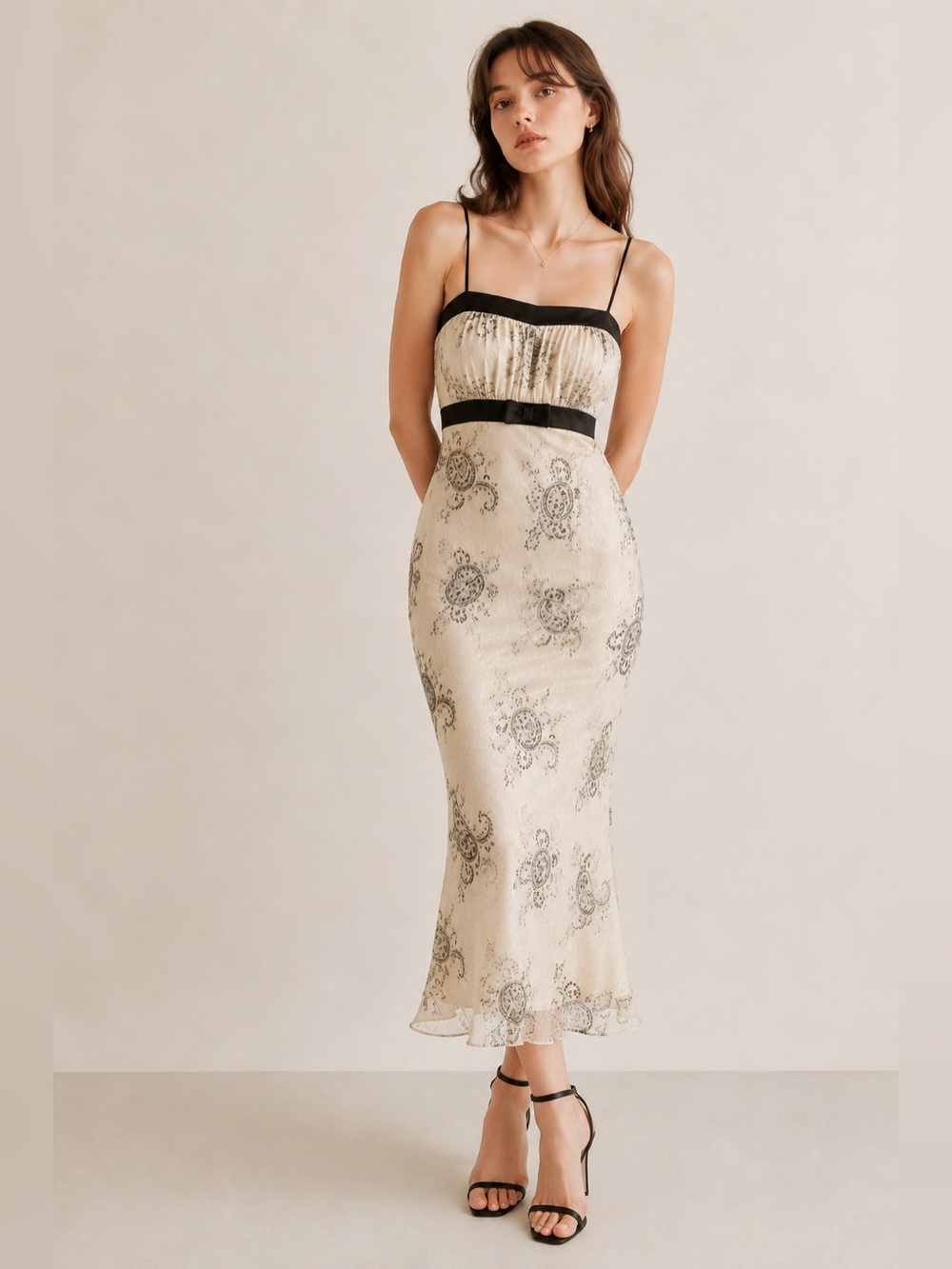 Paul & Joe Silk Slip Dress 36 Made France Paisley Metallic Midi Bow 95% Silk
